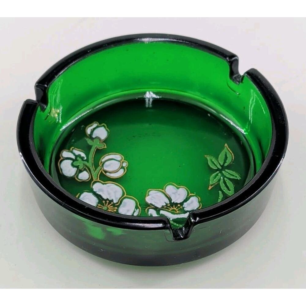 Vintage Magnier France Green Glass Ashtray Hand Painted Floral Anemone Motif
